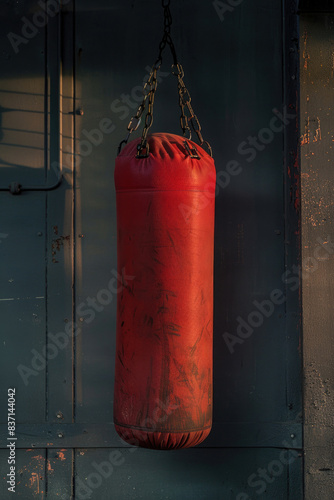 A red boxing bag is hanging from a chain. The bag is old and worn, with a faded red color. Concept of nostalgia and the passage of time © vefimov