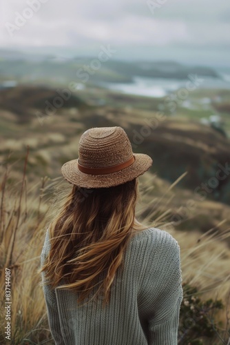 A woman wearing a straw hat is standing on a hillside. The hat is brown and has a brown band. The woman is looking out over the landscape, taking in the view. The scene has a peaceful and serene mood © vefimov