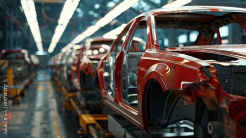 Modern Car Manufacturing, Busy Factory Assembly Line Showcasing Mass Production and Advanced Automotive Technology