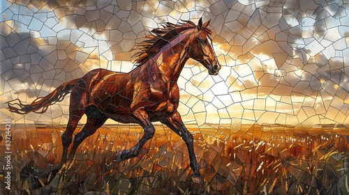 A horse is running in a field of grass © soysuwan123