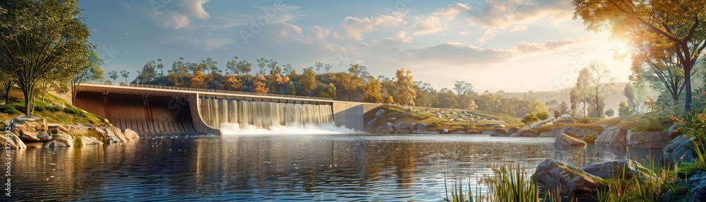 Naklejka premium Hightech visualization of an imposing dam integrated into a natural landscape, showcasing human ingenuity and environmental harmony