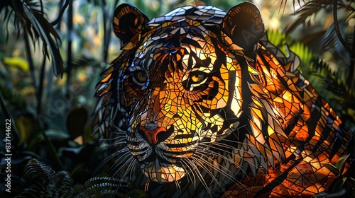 A tiger is shown in a jungle setting, with the sun shining on it © soysuwan123