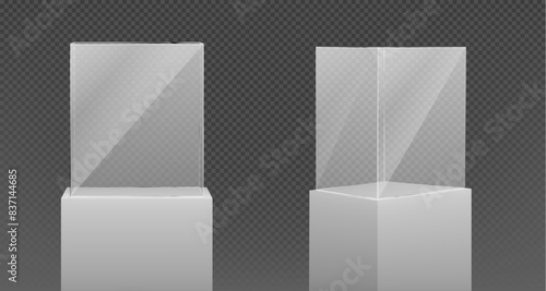Vector realistic glass square showcase. Empty glass box on a white podium isolated on transparent background