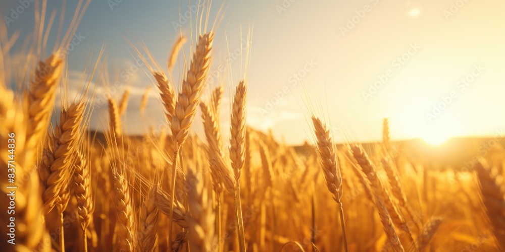 A field of golden wheat with the sun shining on it. The sun is setting in the background, creating a warm and peaceful atmosphere A field of golden wheat with the sun shining on it. The sun is setting in the background, creating a warm and peaceful atmosphere