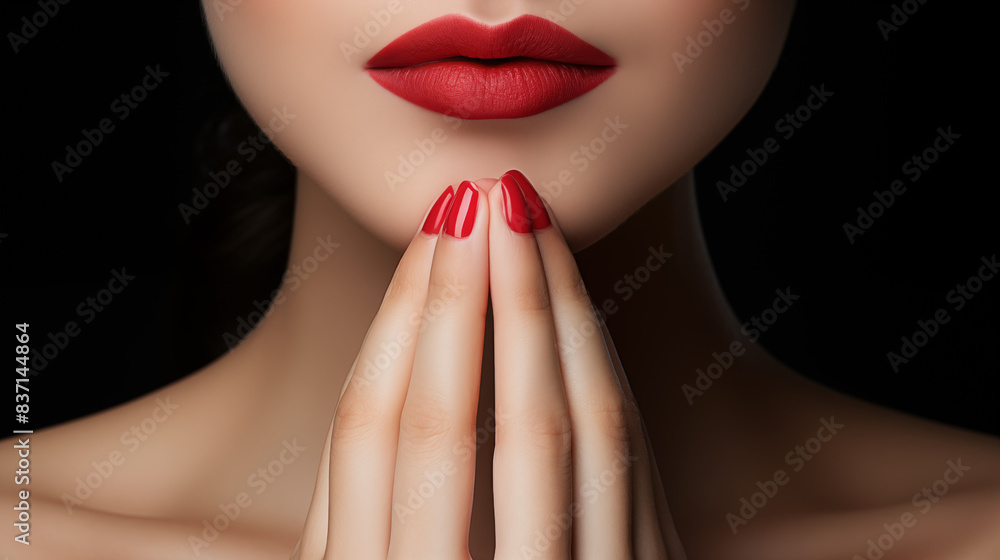 Fototapeta premium Sophisticated Woman with Red Lips and Nails Closeup Portrait