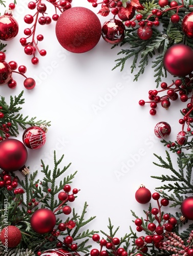 Winter holiday wreath featuring snow-covered red baubles and gold decorations in a frame.