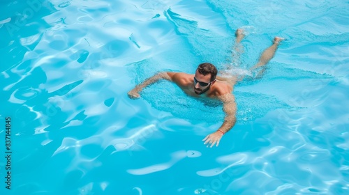 Man swimming in a pool or open water on a sunny day to maintain fitness and health. --no text  titles  hands --ar 16 9 --quality 0.5 --stylize 0 Job ID  9f86b1e5-1204-492b-9bee-2e2a0614493e