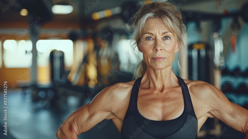 Fit 50-year-old woman showing her abs while doing a bicep curl, with gym background blurred Fit 50-year-old woman showing her abs while doing a bicep curl, with gym background blurred