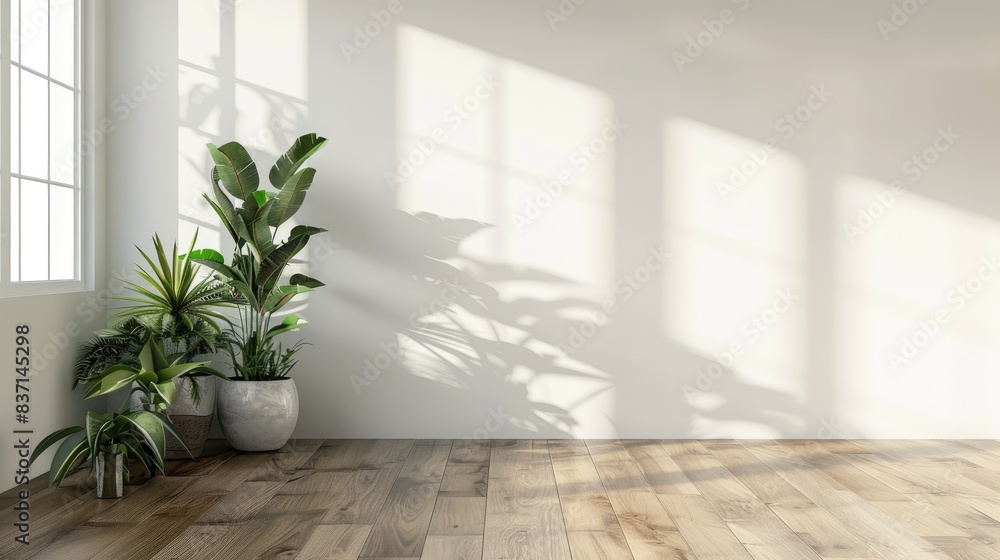 Fototapeta premium Minimalist Interior Design Featuring a Palm tree Plant and Sunlight Streaming Across a White Wall