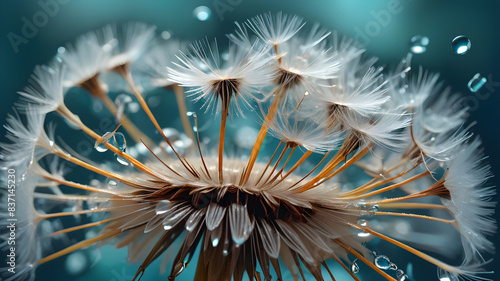 Wallpaper Mural Dandelion Seeds in droplets of water on blue and turquoise beautiful background with soft focus in nature macro. Drops of dew sparkle on dandelion in rays of light Generative AI Torontodigital.ca