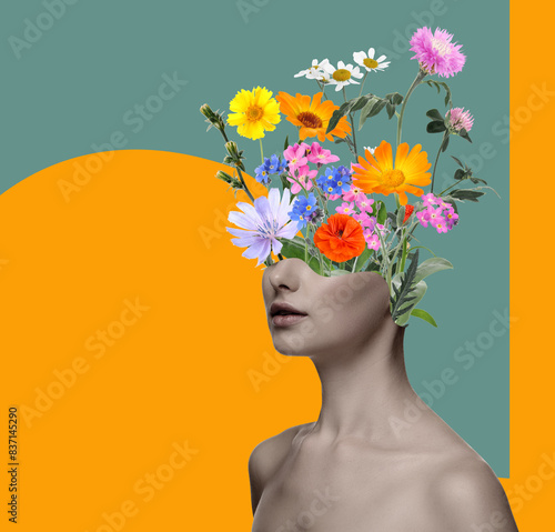 Creative art collage with beautiful meadow flowers and woman on color background © New Africa