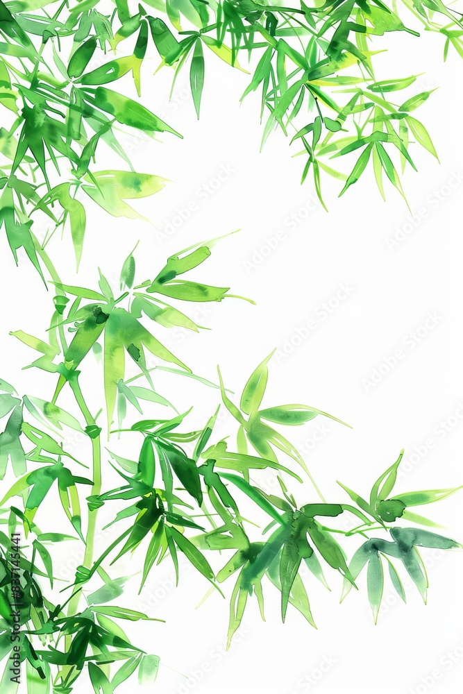 Close up of lush green bamboo leaves against a white background.