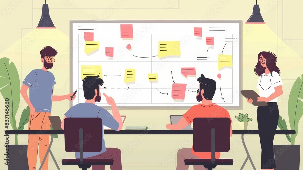 Project management meeting in action, with team members analyzing and planning tasks. Project management meeting in action, with team members analyzing and planning tasks.