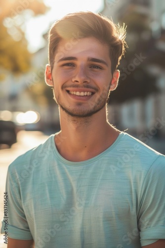 A young man with a green shirt is smiling and looking at the camera. He is happy and confident © vefimov