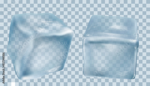 two transparent ice cubes in blue colors. vector illustration