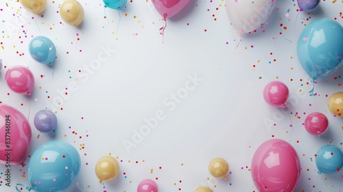Vibrant party decorations with balloons and scattered confetti