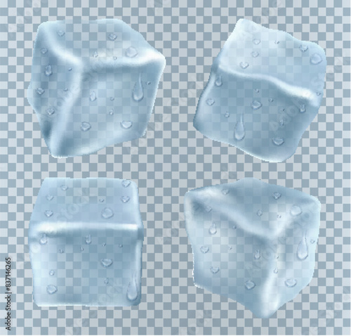 four transparent ice cubes in blue colors. vector illustration