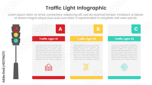 traffic light infographic template banner with big box table container with 3 point list information for slide presentation