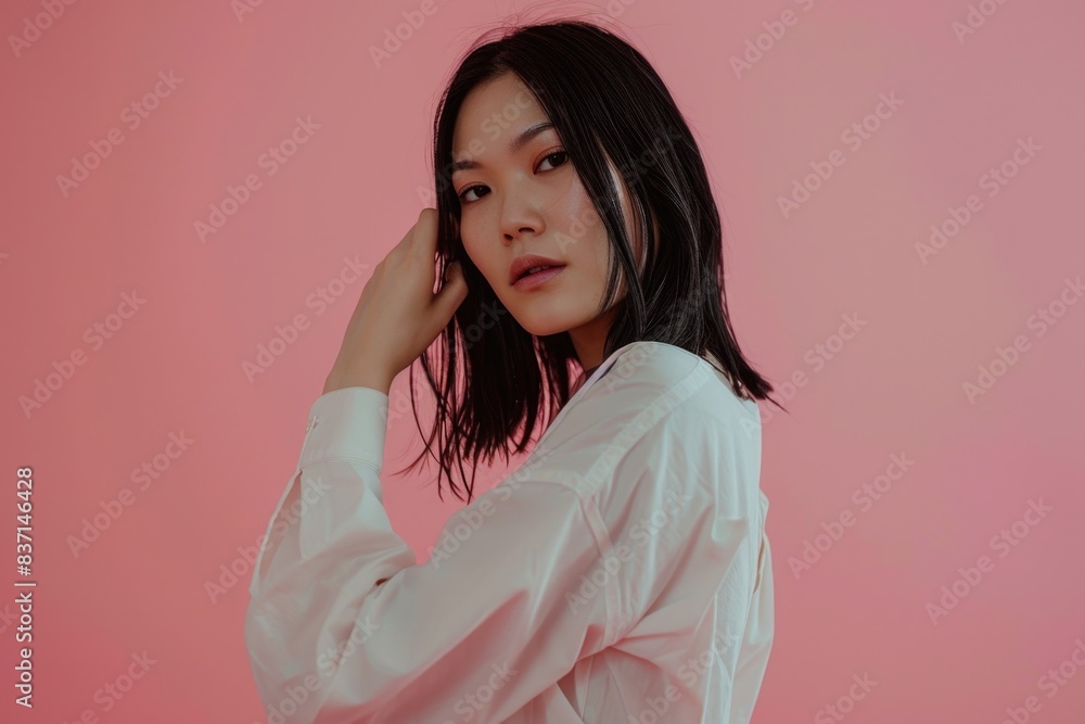 A woman with long black hair is standing in front of a pink background. She is wearing a white shirt and has her hair in a ponytail. Concept of elegance and sophistication, as the woman's posture A woman with long black hair is standing in front of a pink background. She is wearing a white shirt and has her hair in a ponytail. Concept of elegance and sophistication, as the woman's posture