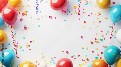 Vibrant party decorations with balloons and confetti on a white background