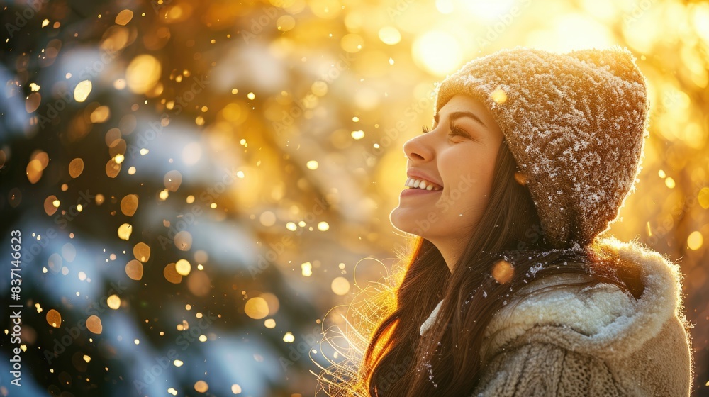 A woman wearing a hat and smiling in the snow. The snow is falling around her and the sky is orange A woman wearing a hat and smiling in the snow. The snow is falling around her and the sky is orange