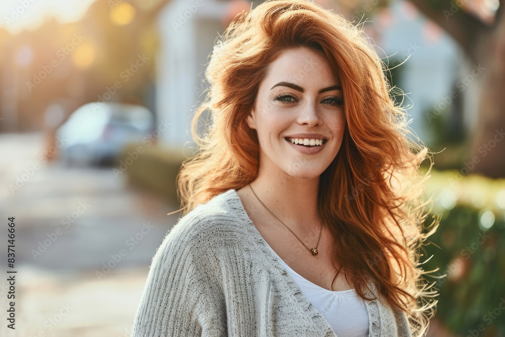 A woman with red hair is smiling and wearing a necklace. She is standing on a sidewalk in front of a car A woman with red hair is smiling and wearing a necklace. She is standing on a sidewalk in front of a car