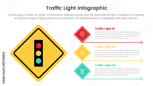 traffic light infographic template banner with yellow road sign and diamond stack rectangle box container with 3 point list information for slide presentation