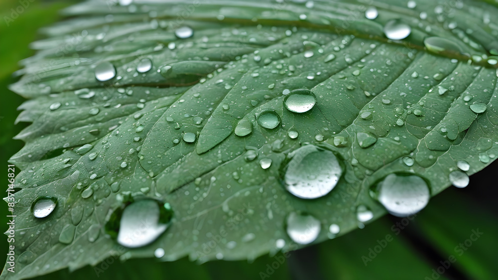 Large beautiful drops of transparent rain water on a green leaf macro. Beautiful leaf texture in nature. Natural background. Generative AI Large beautiful drops of transparent rain water on a green leaf macro. Beautiful leaf texture in nature. Natural background. Generative AI