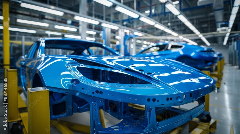 High-Tech Car Factory, Busy Assembly Line for Mass Production of Modern Vehicles, Highlighting Industrial Precision and Efficiency High-Tech Car Factory, Busy Assembly Line for Mass Production of Modern Vehicles, Highlighting Industrial Precision and Efficiency