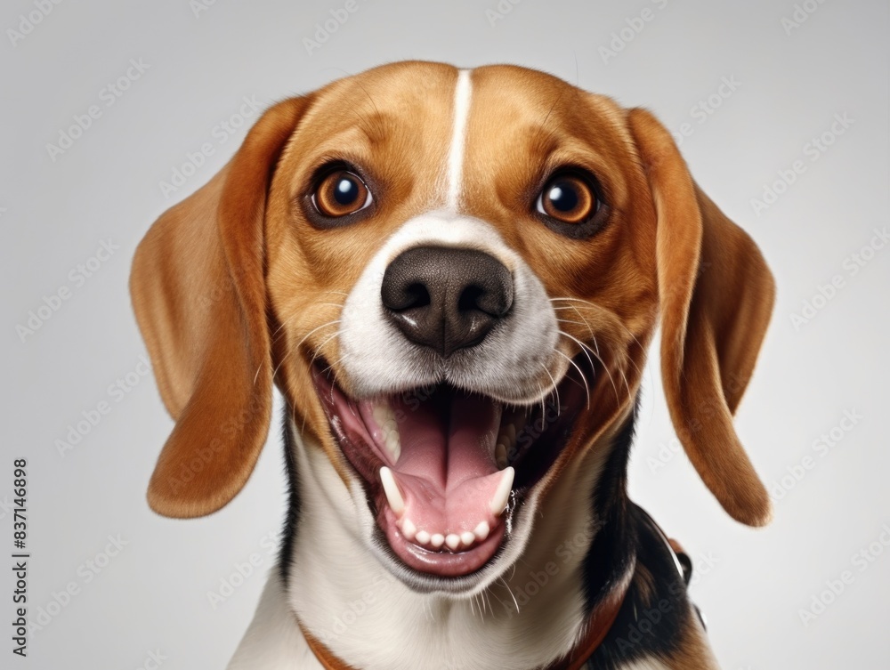 A happy dog with a big smile on its face. The dog's eyes are wide open and its mouth is open, showing its teeth