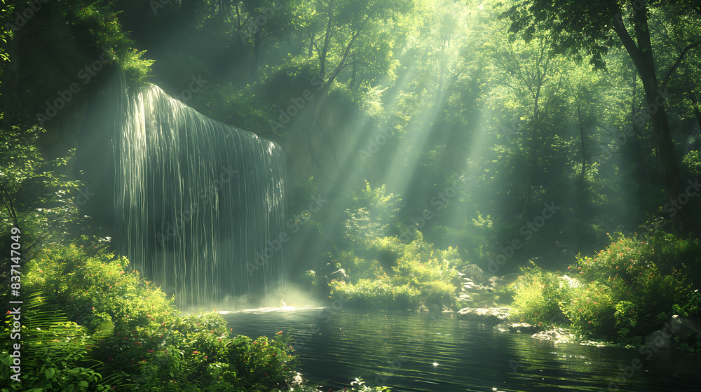 Enchanted Forest Waterfall Bathed in Sunbeams
