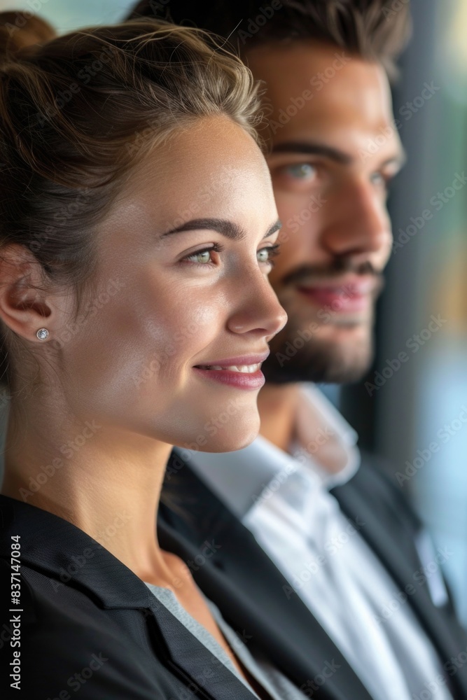 A man and a woman are smiling at the camera. The woman is wearing a black jacket and the man is wearing a white shirt and a black jacket A man and a woman are smiling at the camera. The woman is wearing a black jacket and the man is wearing a white shirt and a black jacket