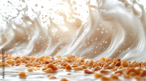 Dynamic Splash of Milk and Cereal Pieces Against Gray Backdrop