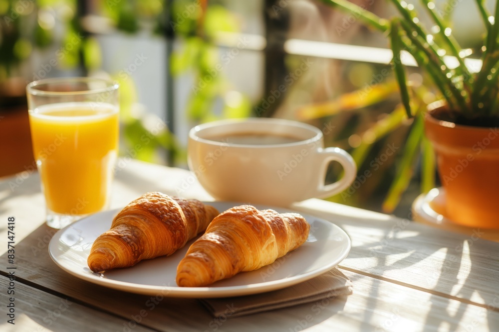 Serene morning setting featuring a white plate with golden croissants, a cup of hot coffee, and a glass of orange juice on a table bathed in sunlight Serene morning setting featuring a white plate with golden croissants, a cup of hot coffee, and a glass of orange juice on a table bathed in sunlight