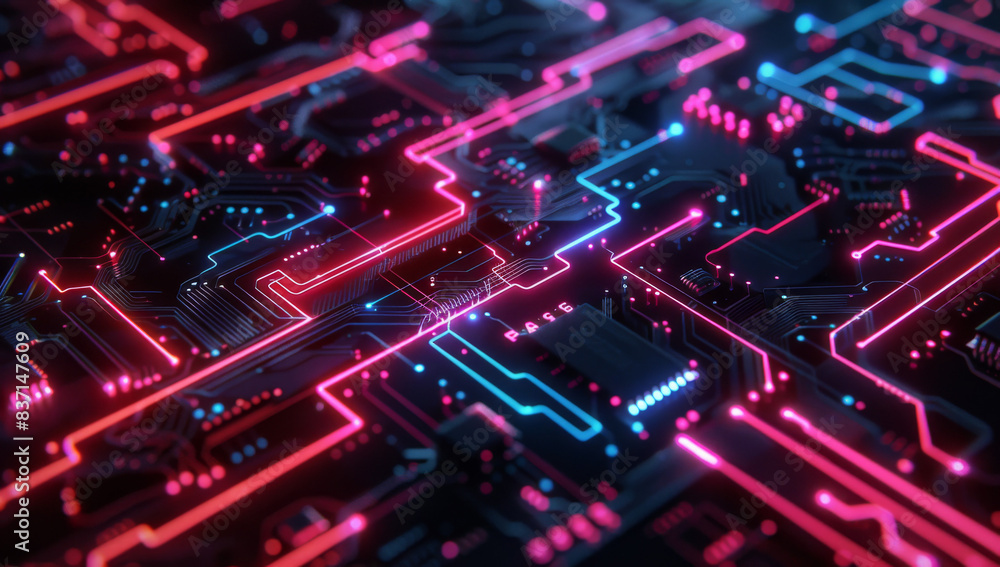 A digital circuit board with glowing neon lines and dark, futuristic elements, creating an atmosphere of advanced technology and innovation. A digital circuit board with glowing neon lines and dark, futuristic elements, creating an atmosphere of advanced technology and innovation.