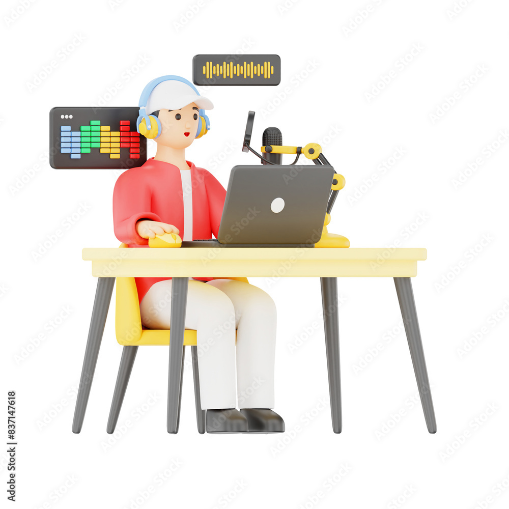 Man Editing Podcast Audio 3D Podcast Illustration for uiux, web, app, infographic, etc Man Editing Podcast Audio 3D Podcast Illustration for uiux, web, app, infographic, etc