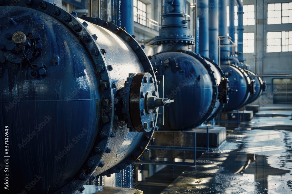 A row of blue pipes with a valve on the front. The pipes are in a factory setting A row of blue pipes with a valve on the front. The pipes are in a factory setting