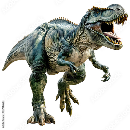 Realistic 3D Render of a Ferocious Tyrannosaurus Rex Dinosaur in a Dynamic Pose with Detailed Textures and Fierce Expression