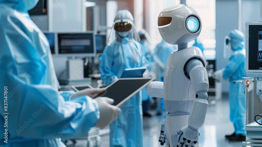 Medical staff in face shields and masks consulting on tablets in a controlled environment with robot beside them. Medical staff in face shields and masks consulting on tablets in a controlled environment with robot beside them.