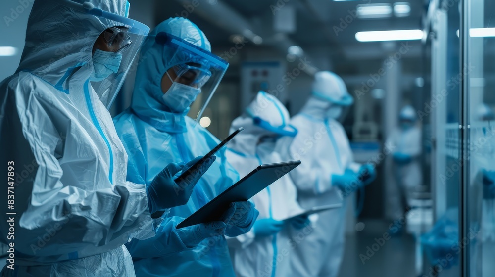 Professionals in PPE using electronic tablets in a controlled healthcare setting. Professionals in PPE using electronic tablets in a controlled healthcare setting.
