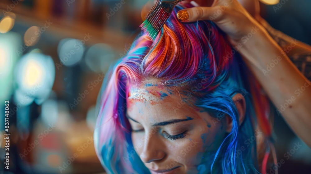 Hair stylist applying vivid, fashion-forward hair dye Hair stylist applying vivid, fashion-forward hair dye