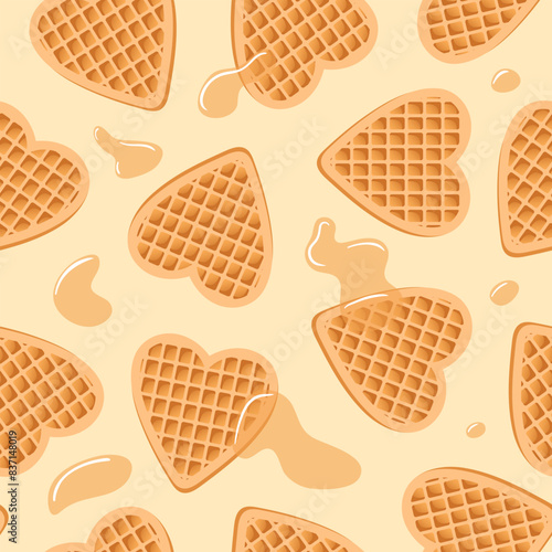 Seamless pattern of waffle hearts. Maple syrup or honey. Background on the theme of love, wedding and Valentines Day. Delicious soft sweets, realistic vector food illustration. menu, cafe