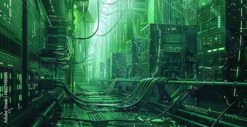 A green, futuristic cityscape with wires and cables running through it