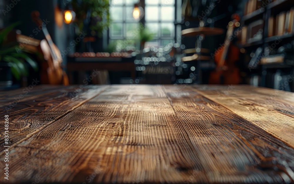 Rustic wooden table top with a blurred background of a cozy cafe with bookshelves and instruments. Rustic wooden table top with a blurred background of a cozy cafe with bookshelves and instruments.