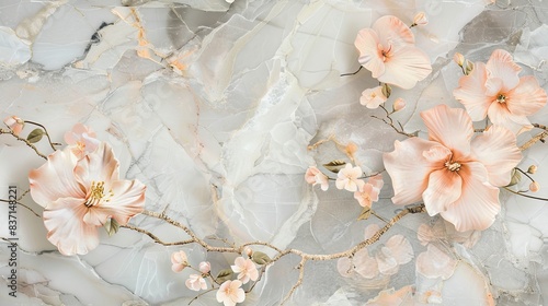 Soft pink flowers and branches in a seamless marble background.