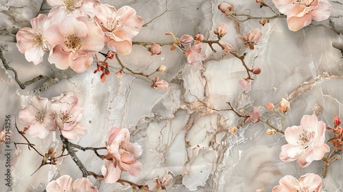 Seamless design featuring delicate blossoms on marble.