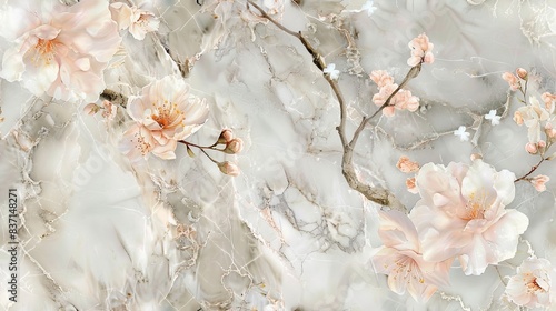 Light grey marble tiles with seamless delicate floral pattern.