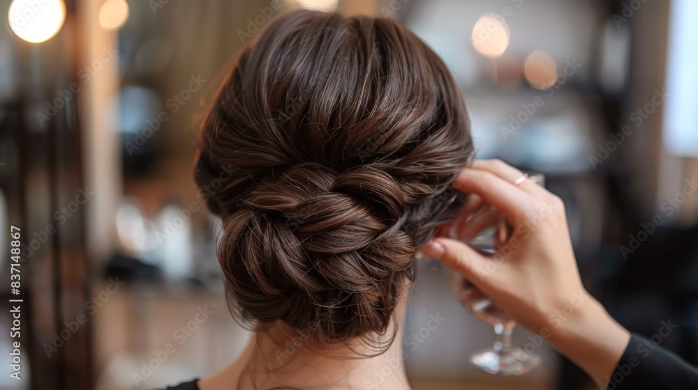Naklejka premium Hair stylist creating a polished, elegant updo for a formal event