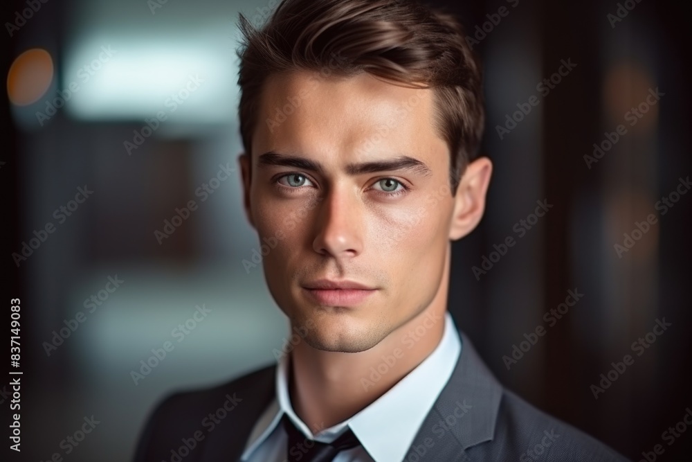 A man in a suit and tie is standing in front of a dark background. He has a serious expression on his face A man in a suit and tie is standing in front of a dark background. He has a serious expression on his face