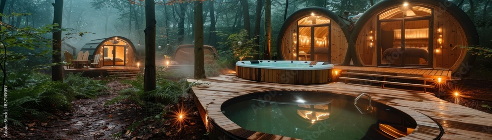 Glamping with hot tubs in a forest clearing, surrounded by artificial mist and soft LED lighting, offers a blend of comfort and wilderness. Glamping with hot tubs in a forest clearing, surrounded by artificial mist and soft LED lighting, offers a blend of comfort and wilderness.